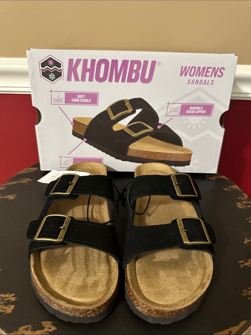 NEW Khombu Women's Black Double-Buckle Suede Slide Sandals